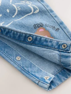 Mid Blue Cat Printed Denim Dungarees (3mths-7yrs)