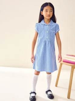 Mid Blue Cotton Rich Button Front Lace Gingham School Dress (3-14yrs)