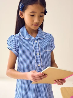 Mid Blue Cotton Rich Button Front Lace Gingham School Dress (3-14yrs)