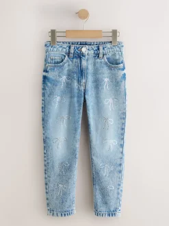 Mid Blue Mom Fit Wide Floral Print Embellished Jeans (3-16yrs)