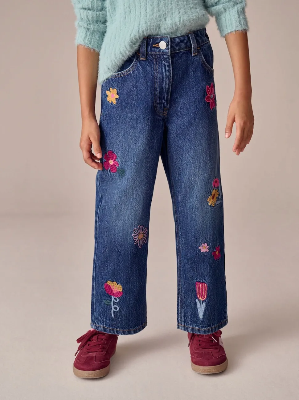 Mid Blue Regular Fit Floral Embroidered Straight Leg Jeans (3-16yrs)