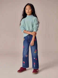 Mid Blue Regular Fit Floral Embroidered Straight Leg Jeans (3-16yrs)