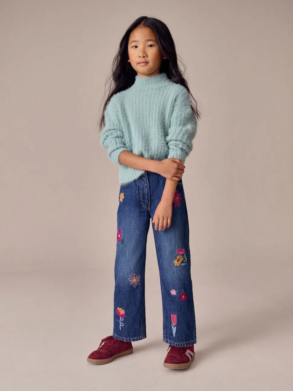 Mid Blue Regular Fit Floral Embroidered Straight Leg Jeans (3-16yrs)