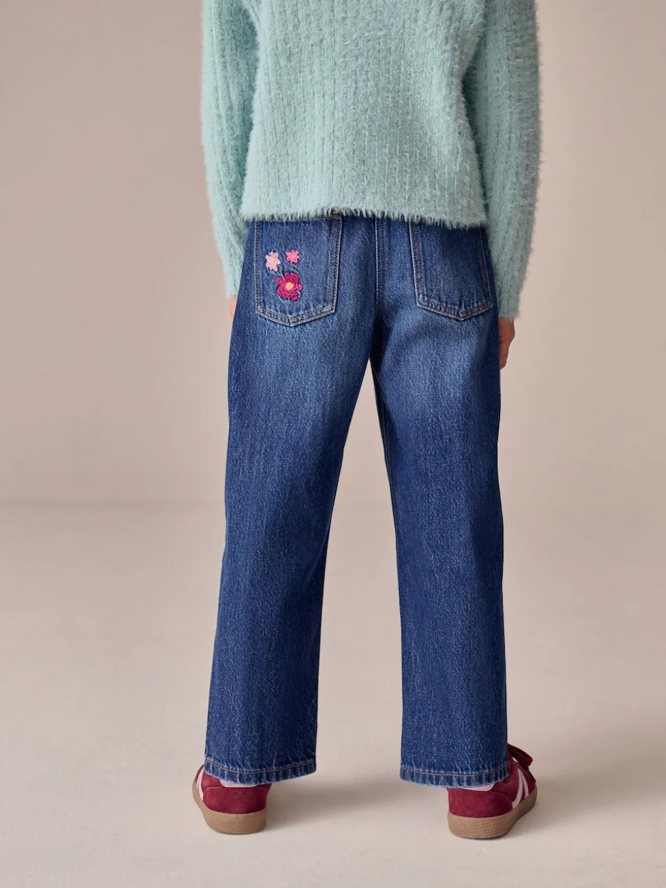 Mid Blue Regular Fit Floral Embroidered Straight Leg Jeans (3-16yrs)