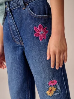 Mid Blue Regular Fit Floral Embroidered Straight Leg Jeans (3-16yrs)