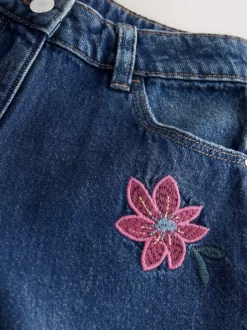 Mid Blue Regular Fit Floral Embroidered Straight Leg Jeans (3-16yrs)