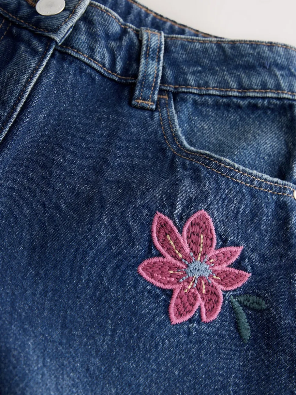 Mid Blue Regular Fit Floral Embroidered Straight Leg Jeans (3-16yrs)