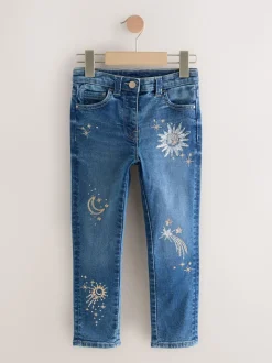 Mid Blue Skinny Fit Floral Embroidered Straight Leg Jeans (3-16yrs)