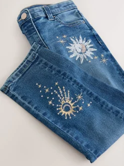 Mid Blue Skinny Fit Floral Embroidered Straight Leg Jeans (3-16yrs)