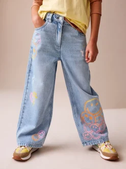 Mid Blue SmileyWorld® Print Wide Leg Jeans (3-16yrs)