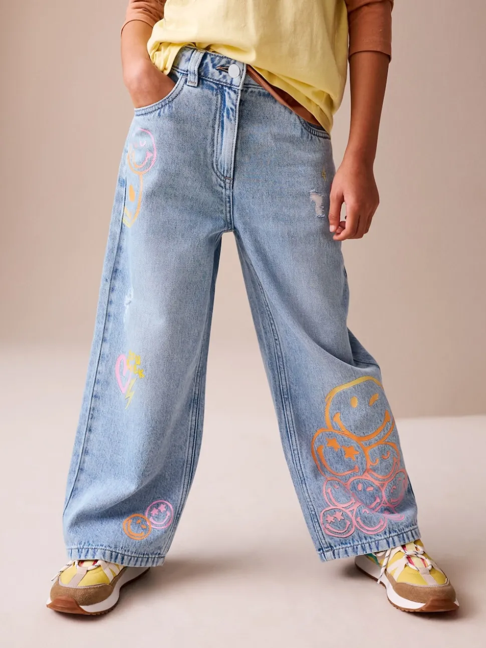Mid Blue SmileyWorld® Print Wide Leg Jeans (3-16yrs)