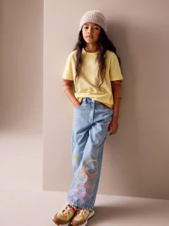 Mid Blue SmileyWorld® Print Wide Leg Jeans (3-16yrs)