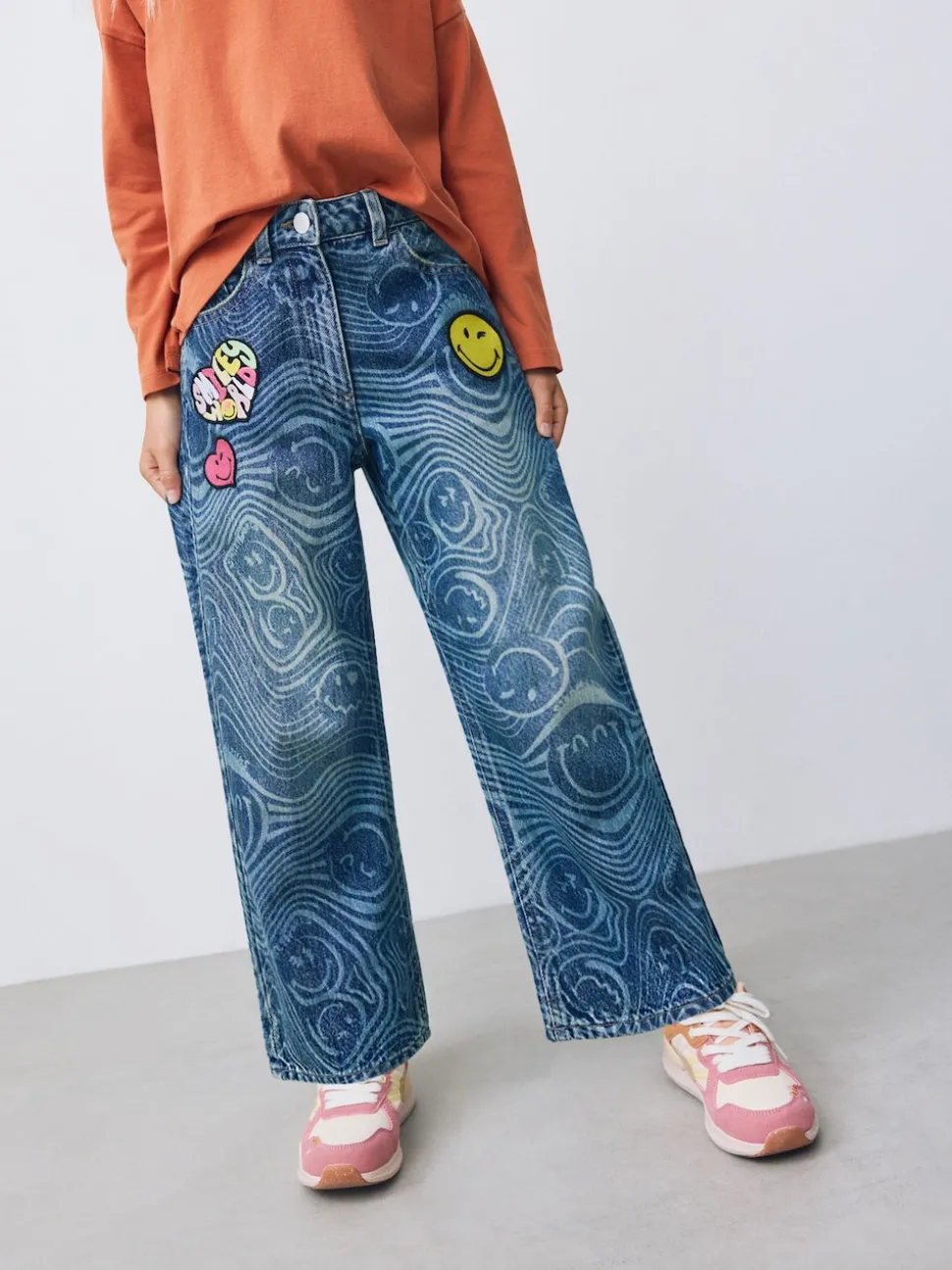 Mid Blue SmileyWorld® Print Wide Leg Jeans (3-16yrs)