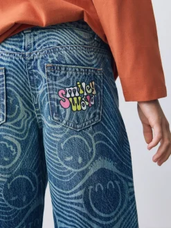 Mid Blue SmileyWorld® Print Wide Leg Jeans (3-16yrs)