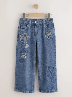 Mid Blue Wide Fit Wide Floral Print Embellished Jeans (3-16yrs)