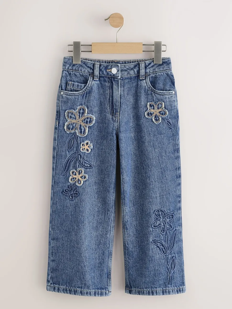 Mid Blue Wide Fit Wide Floral Print Embellished Jeans (3-16yrs)