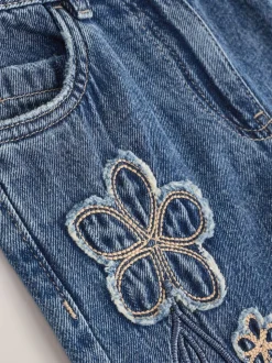 Mid Blue Wide Fit Wide Floral Print Embellished Jeans (3-16yrs)