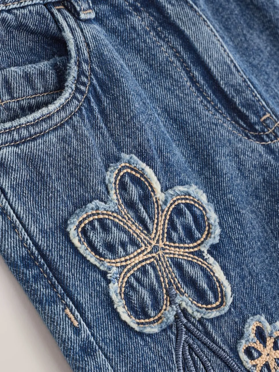 Mid Blue Wide Fit Wide Floral Print Embellished Jeans (3-16yrs)