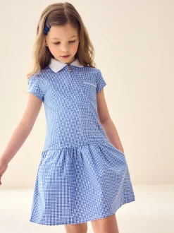 Mid Blue Zip Front Cotton Rich Gingham School Dress (3-14yrs)