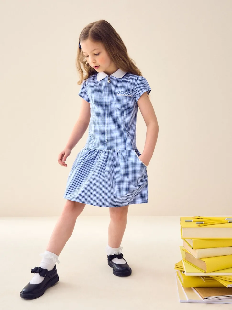 Mid Blue Zip Front Cotton Rich Gingham School Dress (3-14yrs)