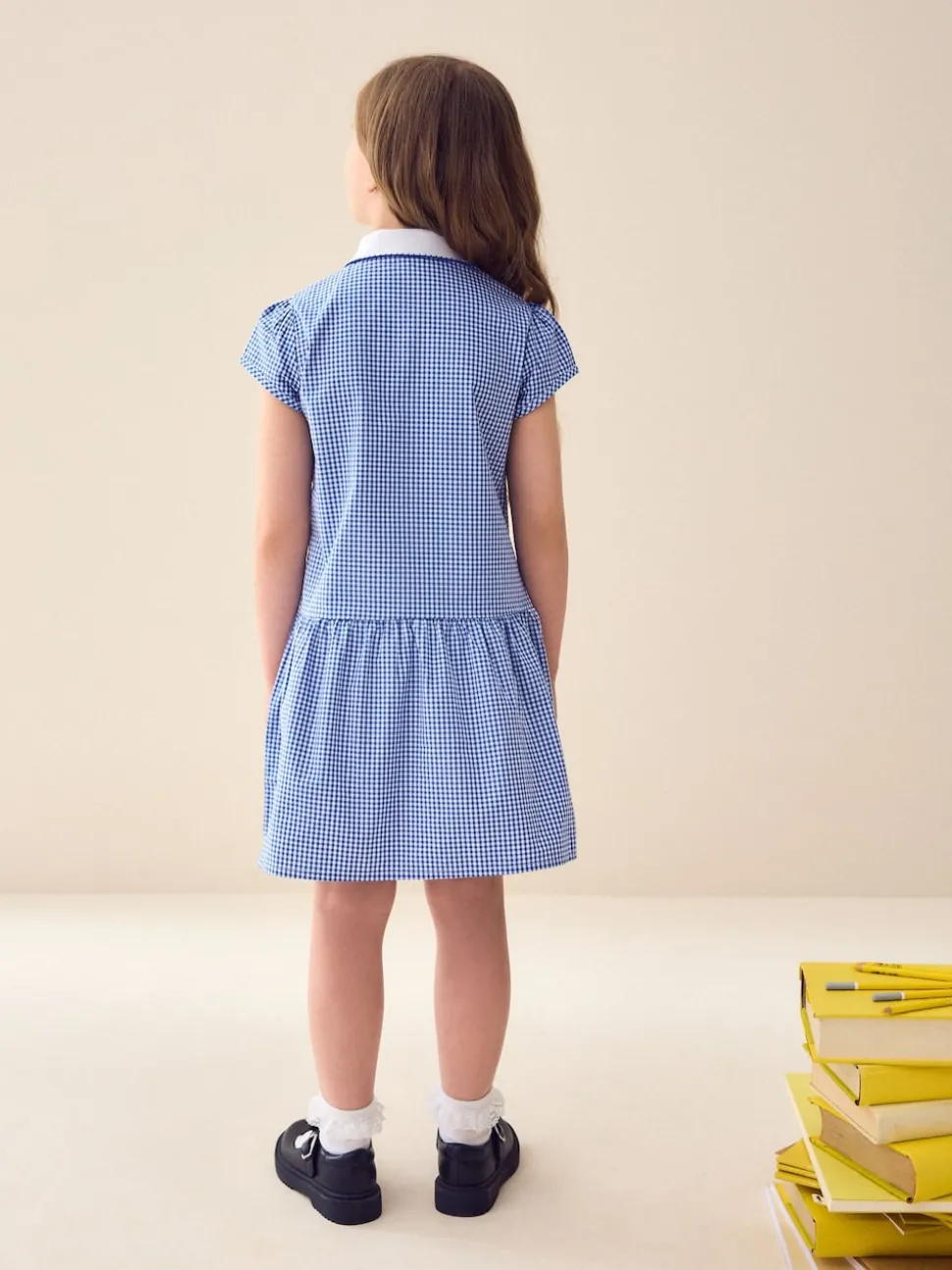 Mid Blue Zip Front Cotton Rich Gingham School Dress (3-14yrs)