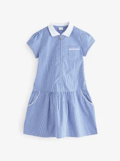 Mid Blue Zip Front Cotton Rich Gingham School Dress (3-14yrs)