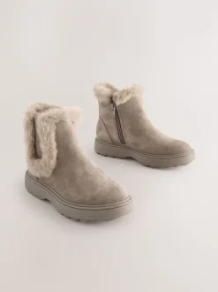 Mink Brown Suede Faux Fur Lined Chelsea Boots