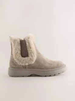 Mink Brown Suede Faux Fur Lined Chelsea Boots