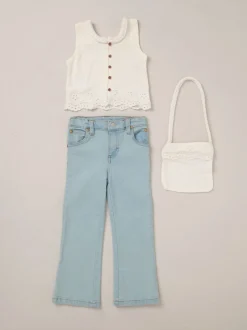 Miss Broderie Crop White Top Jeans and Bag Outfit Set