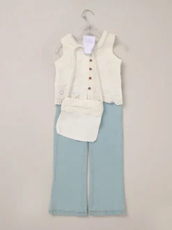 Miss Broderie Crop White Top Jeans and Bag Outfit Set