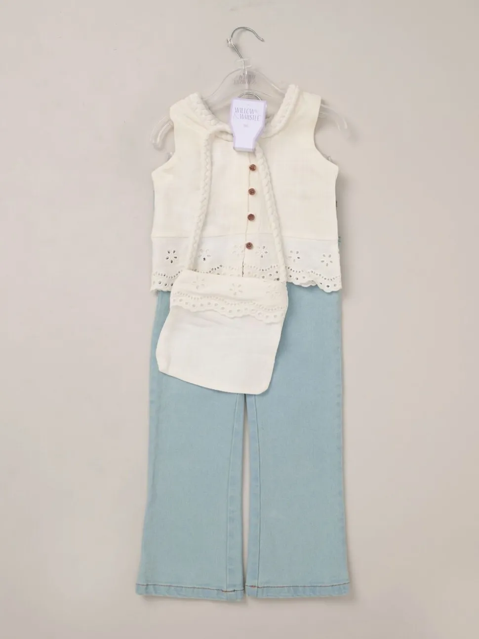 Miss Broderie Crop White Top Jeans and Bag Outfit Set