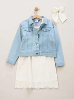 Miss Broderie White Dress Denim Jacket and Hair Clip Outfit Set