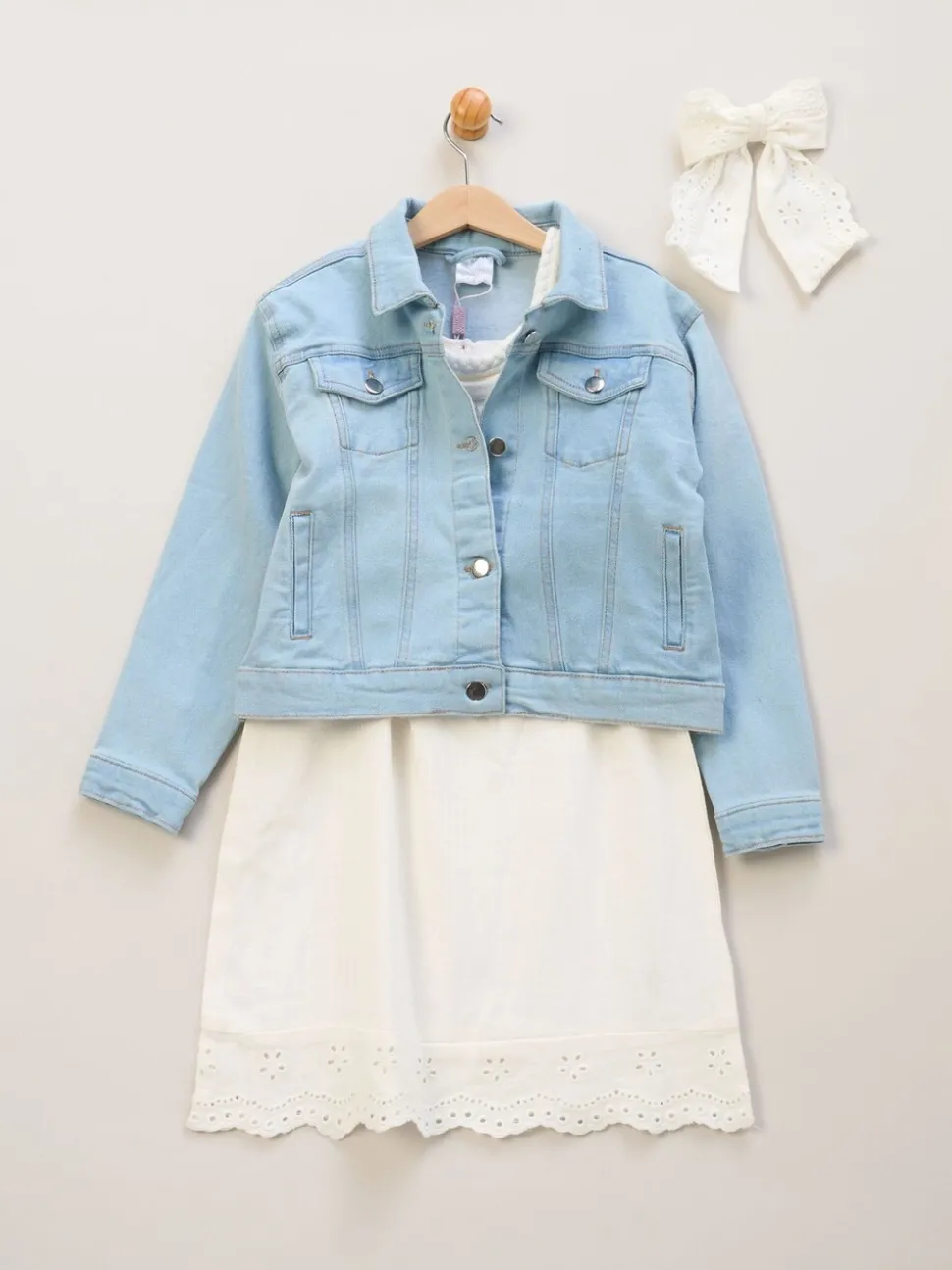 Miss Broderie White Dress Denim Jacket and Hair Clip Outfit Set