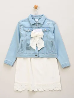 Miss Broderie White Dress Denim Jacket and Hair Clip Outfit Set
