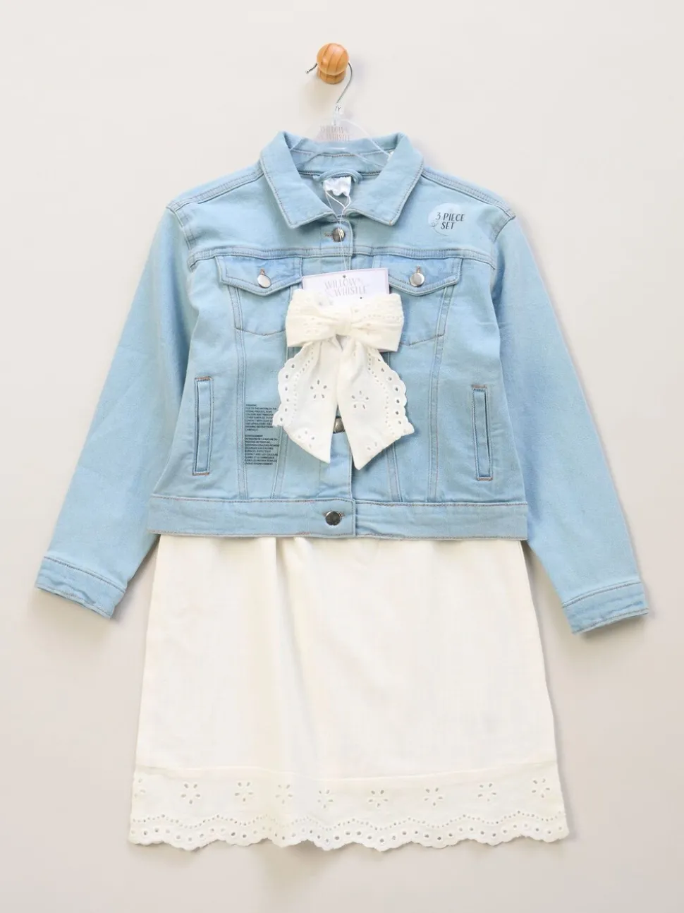 Miss Broderie White Dress Denim Jacket and Hair Clip Outfit Set