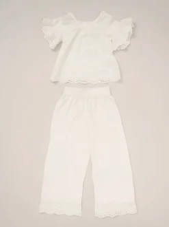 Miss Broderie White Top and Wide Leg Trousers Outfit Set