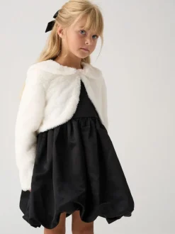 Miss Bubble Hem Satin Dress Faux Fur Cardigan and Bow Clip Set