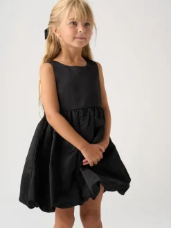 Miss Bubble Hem Satin Dress Faux Fur Cardigan and Bow Clip Set