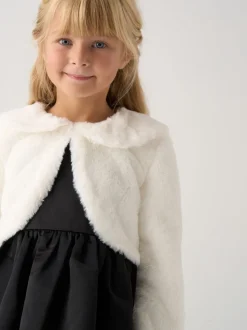 Miss Bubble Hem Satin Dress Faux Fur Cardigan and Bow Clip Set