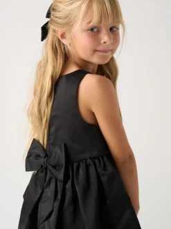 Miss Bubble Hem Satin Dress Faux Fur Cardigan and Bow Clip Set
