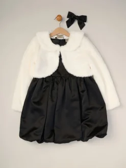 Miss Bubble Hem Satin Dress Faux Fur Cardigan and Bow Clip Set