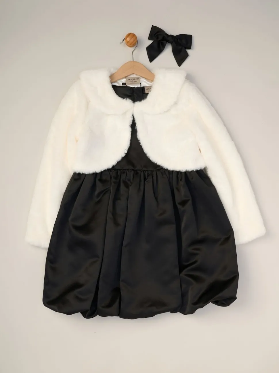 Miss Bubble Hem Satin Dress Faux Fur Cardigan and Bow Clip Set