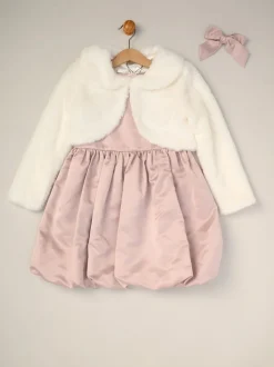 Miss Bubble Hem Satin Dress Faux Fur Cardigan and Bow Clip Set
