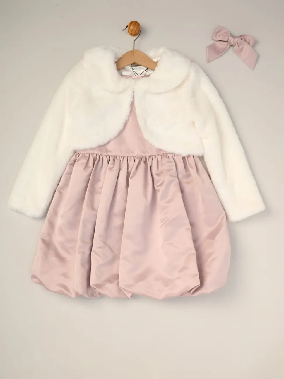 Miss Bubble Hem Satin Dress Faux Fur Cardigan and Bow Clip Set