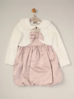 Miss Bubble Hem Satin Dress Faux Fur Cardigan and Bow Clip Set