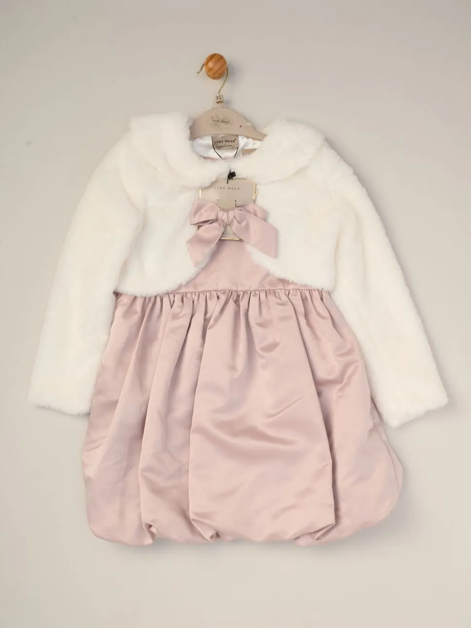 Miss Bubble Hem Satin Dress Faux Fur Cardigan and Bow Clip Set