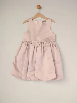 Miss Bubble Hem Satin Dress Faux Fur Cardigan and Bow Clip Set