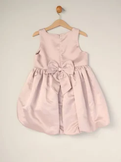 Miss Bubble Hem Satin Dress Faux Fur Cardigan and Bow Clip Set