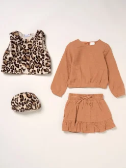 Miss Faux Fur Gilet Beret Muslin Brown Top and Skirt Set