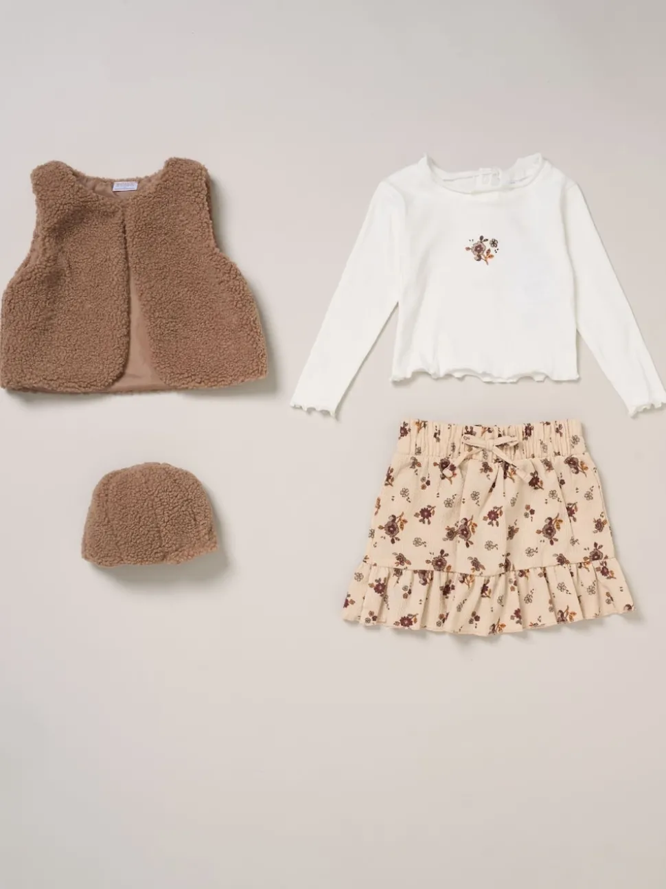 Miss Faux Fur Gilet Beret Rib Brown Top and Skirt Set